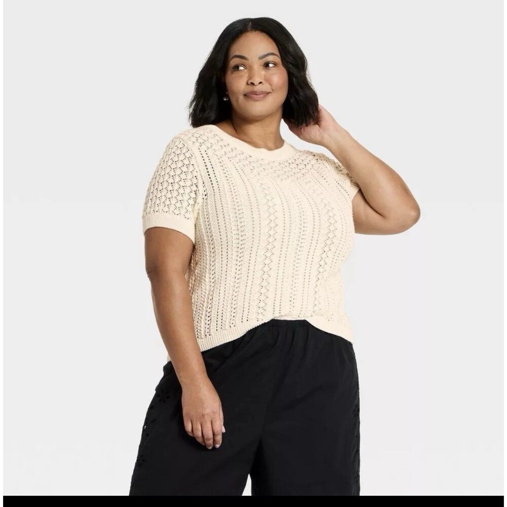 A New Day Womens XL Crochet Open Knit Sweater Cream Short Sleeve NWT